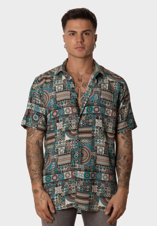 Camisa Étnica Hombre Manga Corta con Estampado Tribal