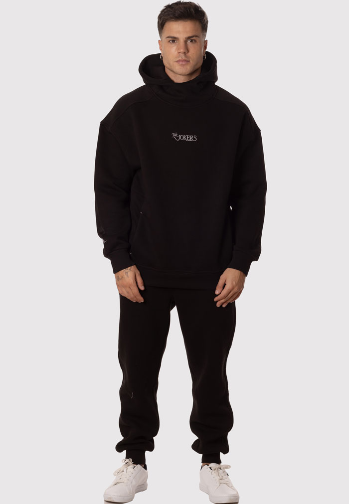 Chándal Hombre Capucha Cuello Alto Sudadera y Pantalón Negro
