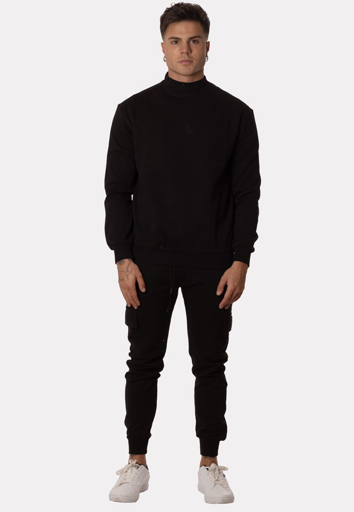Chándal Hombre Cuello Alto sin Capucha Sudadera y Pantalón Cargo Negro